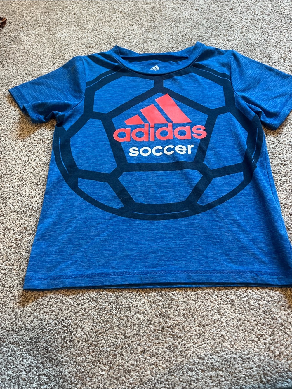 adidas Blue Short-Sleeve Soccer Graphic Tee with Red Logo